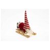 GNOME OU LUTIN RAYE ROUGE BLANC SUR LUGE BOIS 13 CM X 16 CM