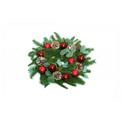 COURONNE AVENT SAPIN VEGETALE REALISTE BOULES ROUGES POMMES DE PIN PAILLETTES DI