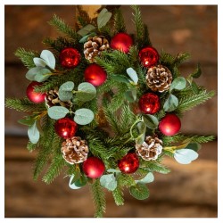 COURONNE AVENT SAPIN VEGETALE REALISTE BOULES ROUGES POMMES DE PIN PAILLETTES DI