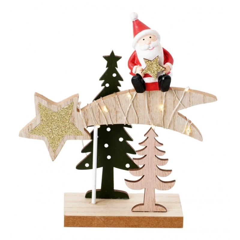 CENTRE DE TABLE BOIS ETOILE FILANTE HAPPY SANTA AV LEDS 14,5 CM X 5 CM X 15 CM