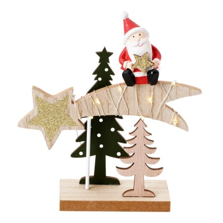 CENTRE DE TABLE BOIS ETOILE FILANTE HAPPY SANTA AV LEDS 14,5 CM X 5 CM X 15 CM