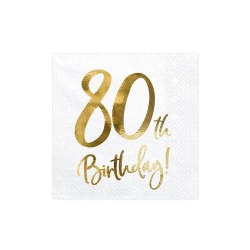 20 SERVIETTES  BLANC 80 TH BIRTHDAY  OR 33 X 33 CM 