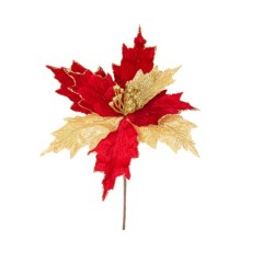FLEUR DE PONSETTIA SUR TIGE VELOUR ROUGE ET OR 30 CM