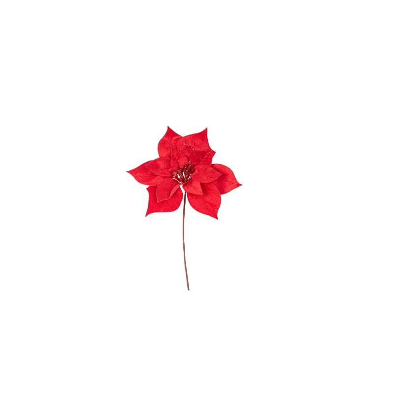 FLEUR DE PONSETTIA SUR TIGE VELOUR ROUGE ET PAILLETTE ROUGE 30 CM