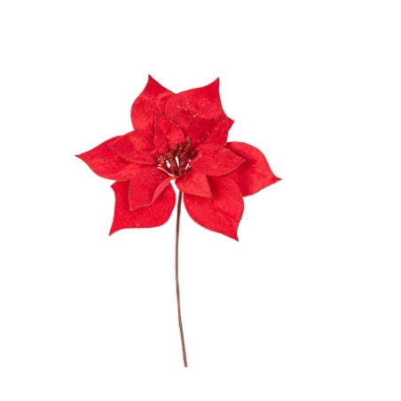 FLEUR DE PONSETTIA SUR TIGE VELOUR ROUGE ET PAILLETTE ROUGE 30 CM