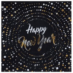 10 SERVIETTES NOIR OR ET ARGENT HAPPY NEW YEAR 33 X 33 CM 