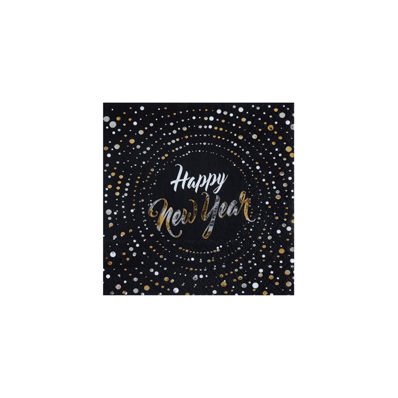 10 SERVIETTES NOIR OR ET ARGENT HAPPY NEW YEAR 33 X 33 CM 