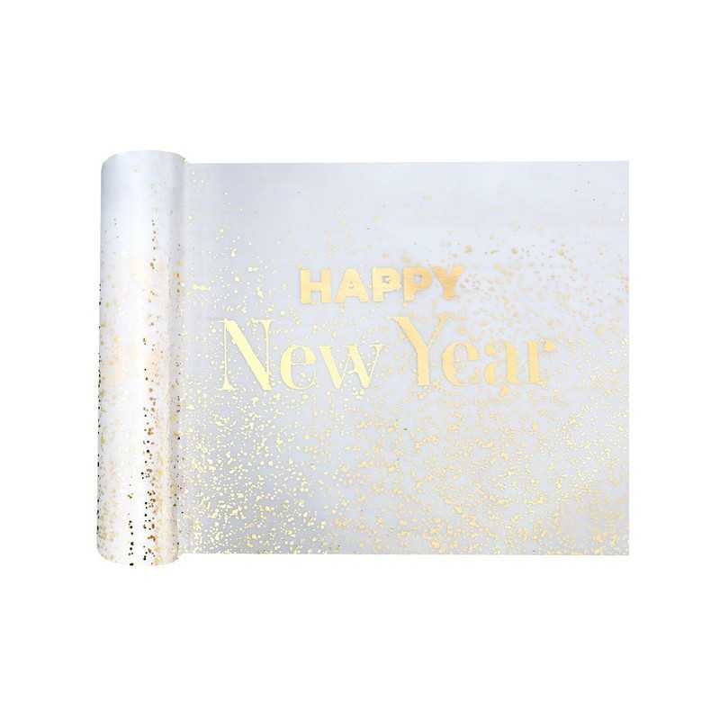 CHEMIN DE TABLE HAPPY NEW YEAR BLANC ET OR 28 CM X 5 METRES