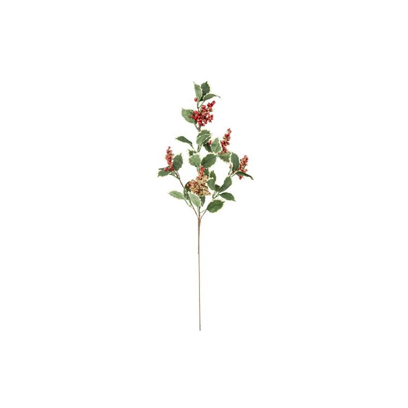 BRANCHE BAIES DE NOEL ET HOUX VERT ROUGE ET PAILLETTES OR 63 CM