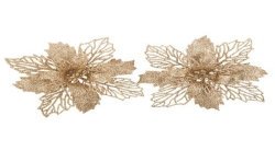 2 FLEURS DE NOEL AJOUREES PAILLETTES OR SUR PINCE 17 CM 