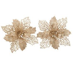 2 FLEURS DE NOEL AJOUREES PAILLETTES OR SUR PINCE 17 CM 