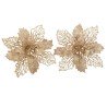 2 FLEURS DE NOEL AJOUREES PAILLETTES OR SUR PINCE 17 CM 