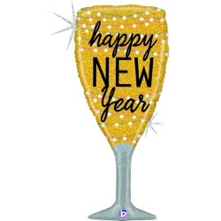 BALLON METALLIQUE COUPE DE CHAMPAGNE HAPPY NEW YEAR 94CM GLITTER HOLOGRAPHIC 