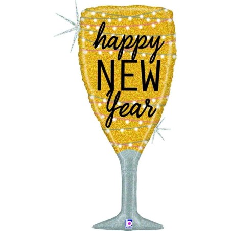 BALLON METALLIQUE COUPE DE CHAMPAGNE HAPPY NEW YEAR 94CM GLITTER HOLOGRAPHIC 