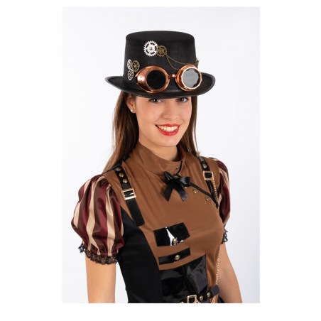 CHAPEAU HAUT DE FORME NOIR STEAMPUNK AVEC LUNETTES