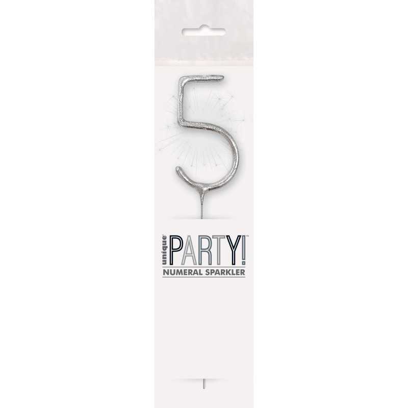 CIERGE MAGIQUE ARGENTE CHIFFRE 5 17CM