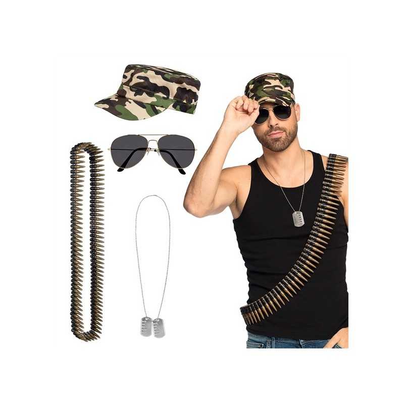 SET MILITAIRE CASQUETTE PLAQUE MILITAIRE LUNETTES AVIATEUR CARTOUCHIERE+BALLES