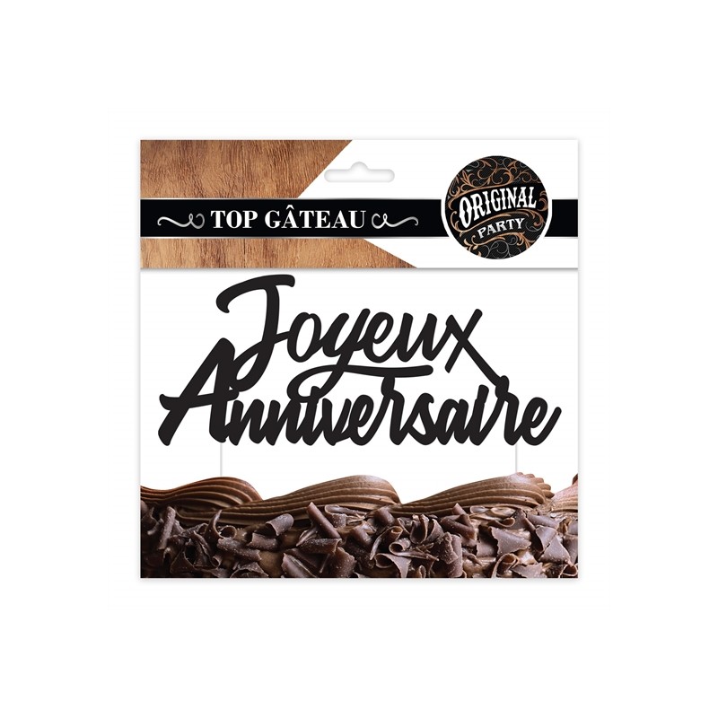 TOP GATEAU CAKE TOPPER JOYEUX ANNIVERSAIRE NOIR  15.5 X 11 CM 