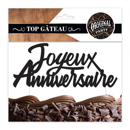 TOP GATEAU CAKE TOPPER JOYEUX ANNIVERSAIRE NOIR  15.5 X 11 CM 