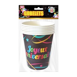 6 GOBELETS JOYEUX ANNIVERSAIRE MULTICOLORES SUR FOND NOIR