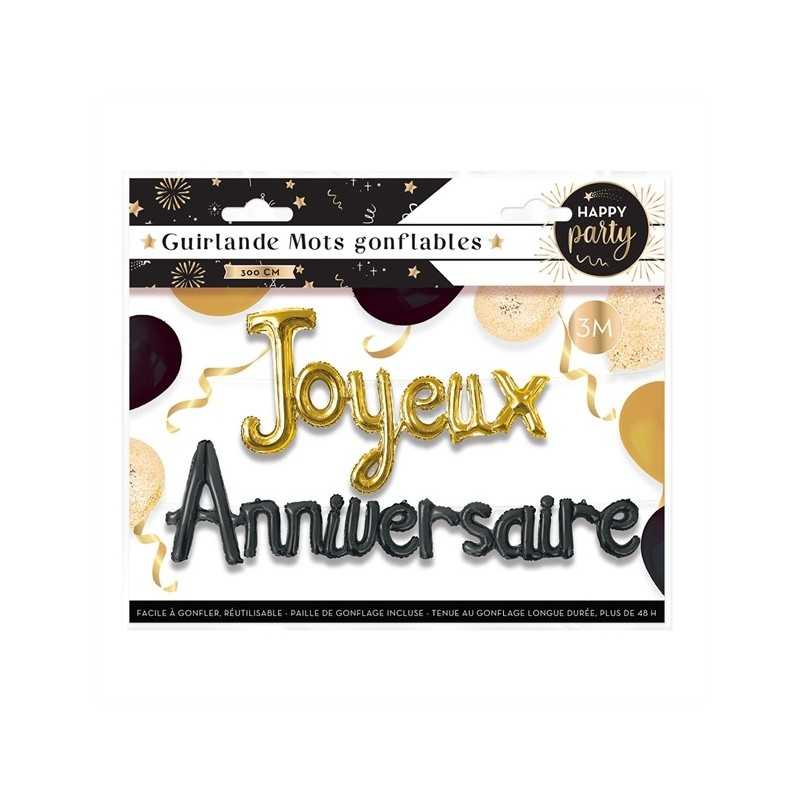 GUIRLANDE BALLON JOYEUX ANNIVERSAIRE OR ET NOIR 3 METRES