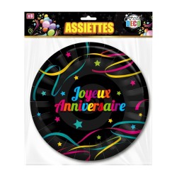 6 ASSIETTES JOYEUX ANNIVERSAIRE MULTICOLORES SUR FOND NOIR 23 CM