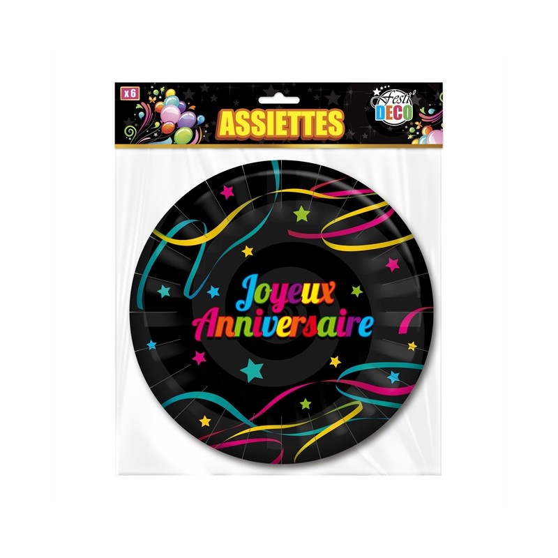 6 ASSIETTES JOYEUX ANNIVERSAIRE MULTICOLORES SUR FOND NOIR 23 CM