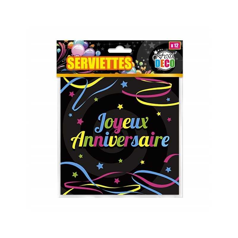 12 SERVIETTES JOYEUX ANNIVERSAIRE MULTICOLORES SUR FOND NOIR 33 X 33 CM