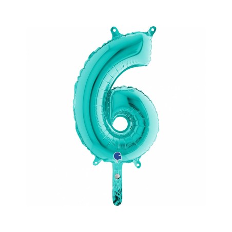 BALLON METALLIQUE CHIFFRE 6 TURQUOISE 36CM 