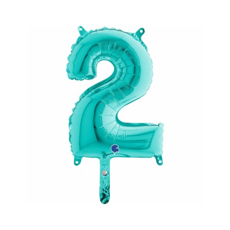 BALLON METALLIQUE CHIFFRE 2 TURQUOISE 36CM 