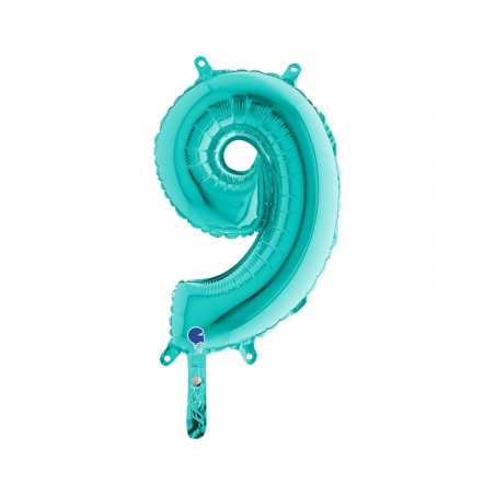 BALLON METALLIQUE CHIFFRE 9 TURQUOISE 36CM 