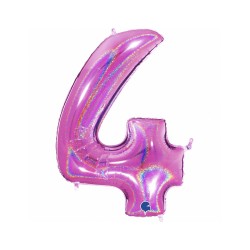 BALLON METALLIQUE CHIFFRE 4 HOLOGRAPHIQUE FUSHIA 102CM 