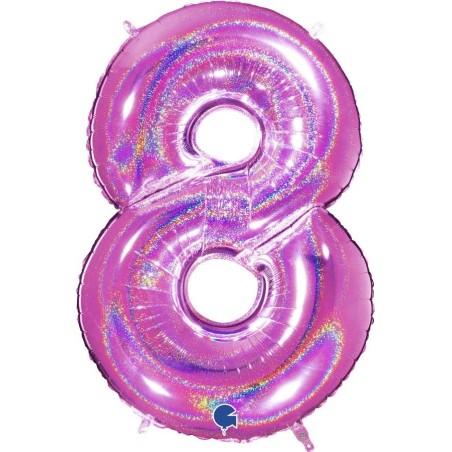 BALLON METALLIQUE CHIFFRE 8 HOLOGRAPHIQUE FUSHIA 102CM 