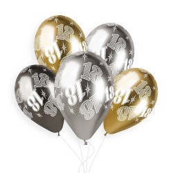 5 BALLONS BIO LATEX 18 COULEUR SHINE OR ARGENT ET GRIS 33 CM 