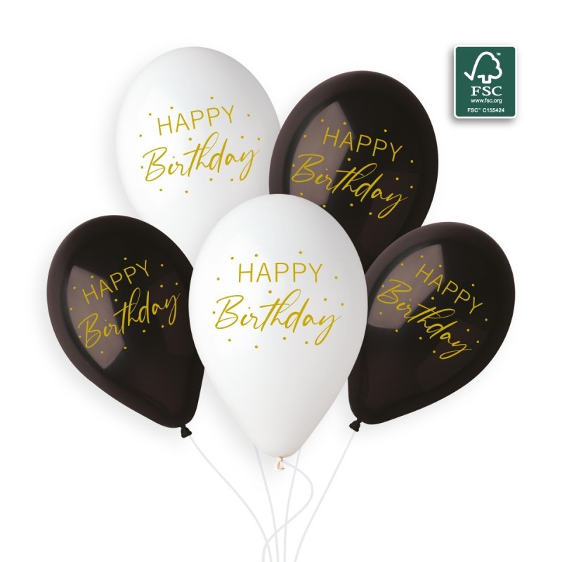 5 BALLONS BIO LATEX HAPPY BIRTHDAY COULEUR NOIR BLANC ECRITURE OR 33 CM 