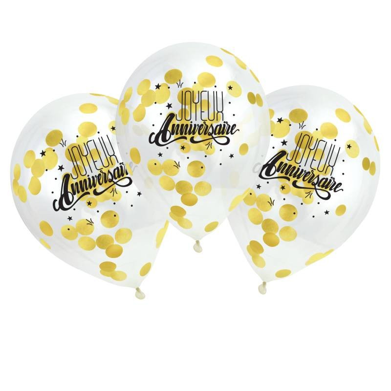 SACHET DE 3 BALLONS CONFETTIS OR JOYEUX ANNIVERSAIRE