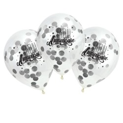 SACHET DE 3 BALLONS CONFETTIS ARGENT JOYEUX ANNIVERSAIRE