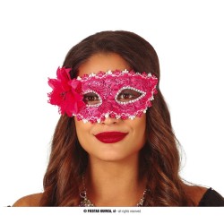 MASQUE LOUP DENTELLE FUCHSIA ET ARGENT AVEC FLEUR