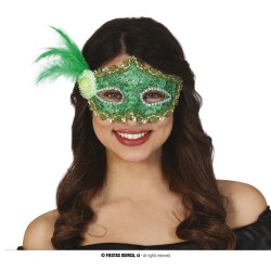 MASQUE LOUP DENTELLE VERT AVEC PLUME