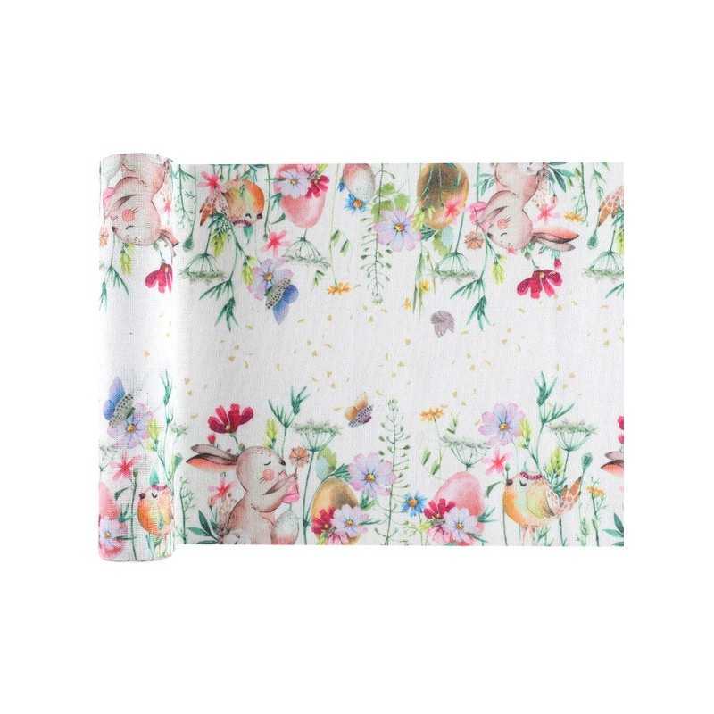 CHEMIN DE TABLE LAPIN ET FLEURS TISSUS BLANC 28 CM X 3 M 