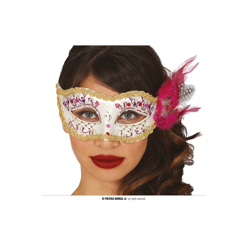 MASQUE LOUP VENITIEN BLANC OR ET FUCHSIA AVEC PLUME