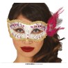 MASQUE LOUP VENITIEN BLANC OR ET FUCHSIA AVEC PLUME