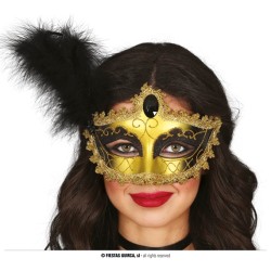 MASQUE LOUP VENISE NOIR ET OR AVEC PLUME