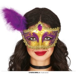 MASQUE LOUP VENISE VIOLET ET OR AVEC PLUME