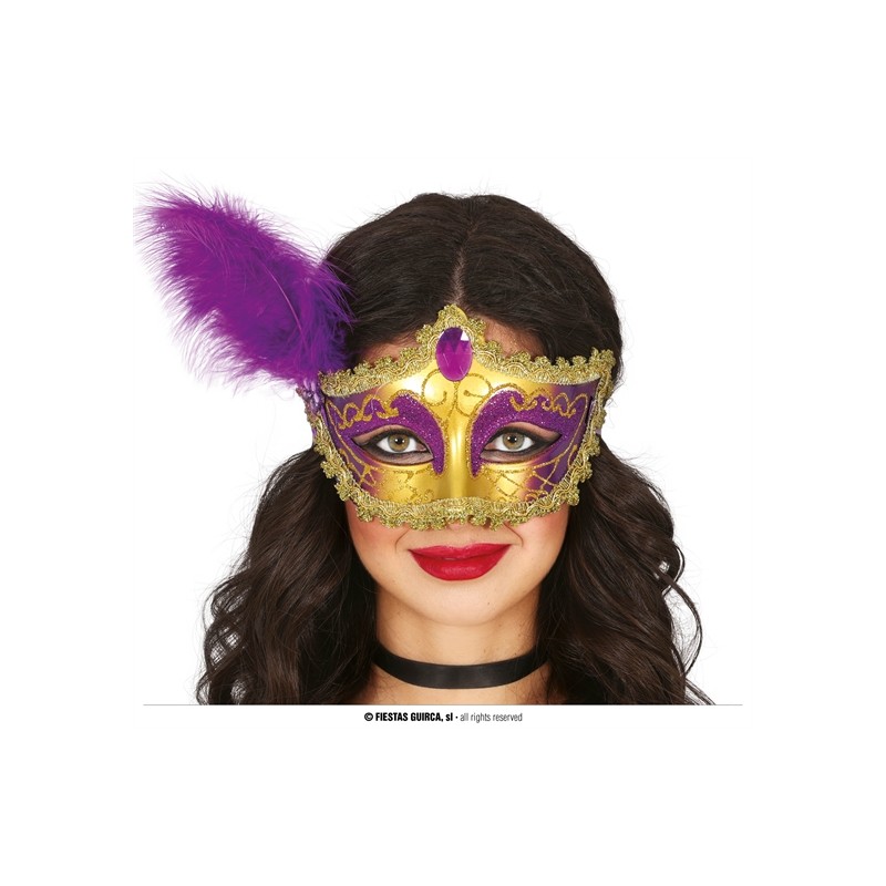 MASQUE LOUP VENISE VIOLET ET OR AVEC PLUME