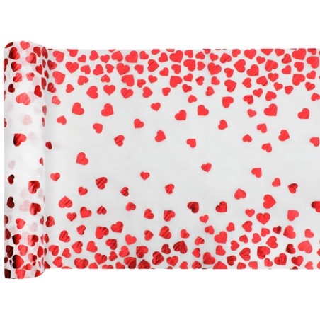 CHEMIN DE TABLE BLANC IMPRIMEE COEUR ROUGE 26 CM X 3 M