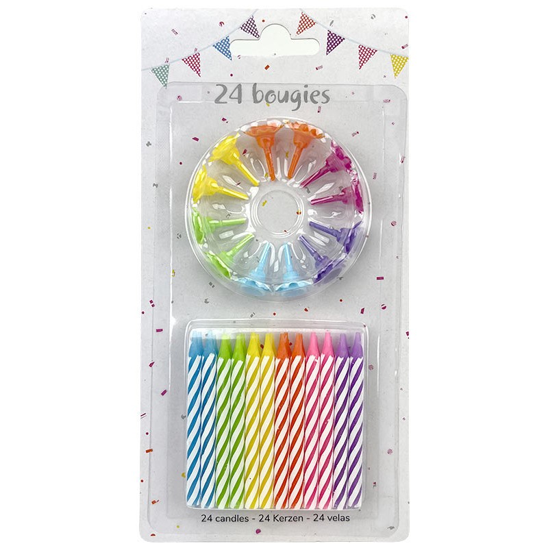 24 BOUGIES MULTICOLORES ARC EN CIEL AVEC 12 BOBECHES