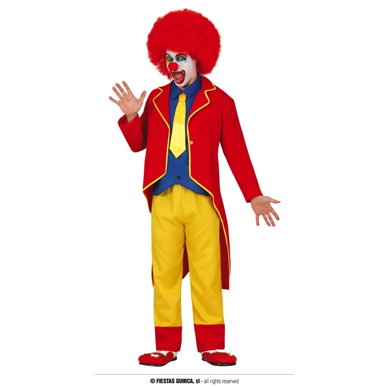 DEGUISEMENT HOMME CLOWN VESTE ROUGE PANTALON JAUNE CHEMISE BLEU TAILLE L