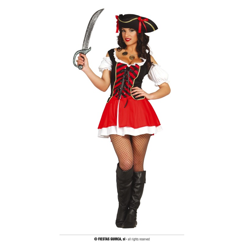 DEGUISEMENT PIRATE FEMME CORSAIRE ROBE ROUGE ET NOIR  TAILLE M