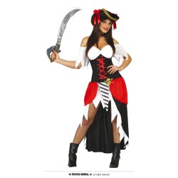 DEGUISEMENT PIRATE FEMME BUCCANEERE ROBE ROUGE ET NOIR  TAILLE M